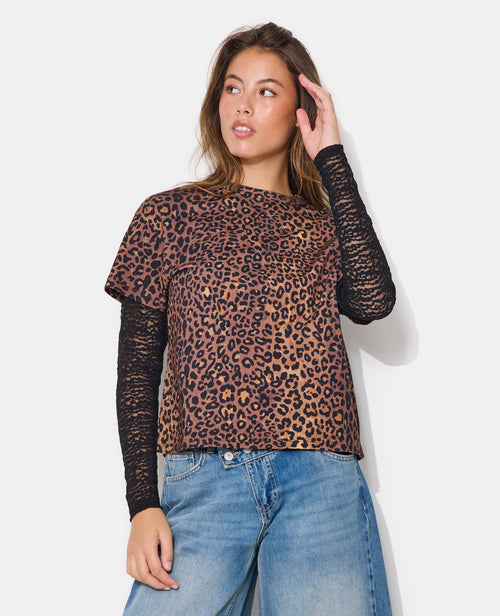 T-shirt léopard effet superposition manches dentelle - PIMKIE - 5