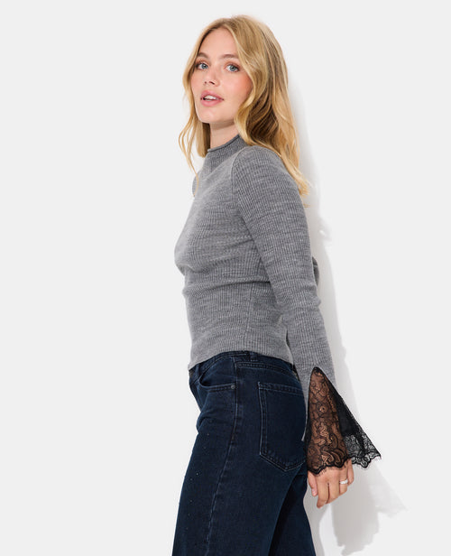 Pull en maille côtelée avec dentelle aux poignets - PIMKIE - 7