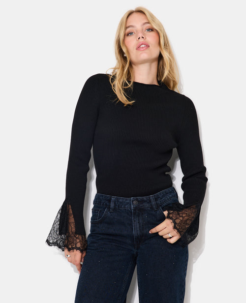 Pull en maille côtelée avec dentelle aux poignets - PIMKIE - 1