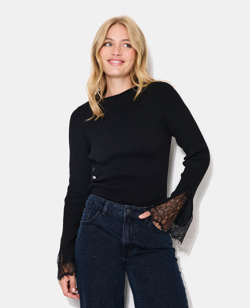 Pull en maille côtelée avec dentelle aux poignets - PIMKIE - 5