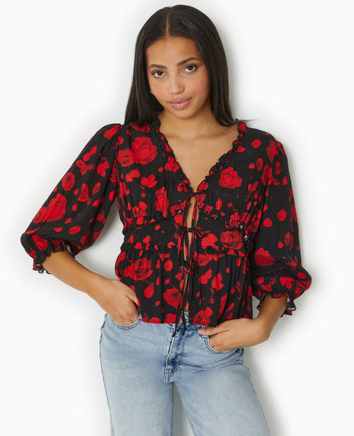 Blouse avec nouettes et volants motif roses - PIMKIE - 1