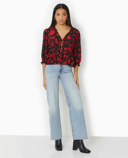Blouse avec nouettes et volants motif roses - PIMKIE - 2