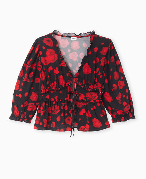 Blouse avec nouettes et volants motif roses - PIMKIE - 4