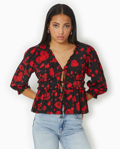 Blouse avec nouettes et volants motif roses - PIMKIE - 5