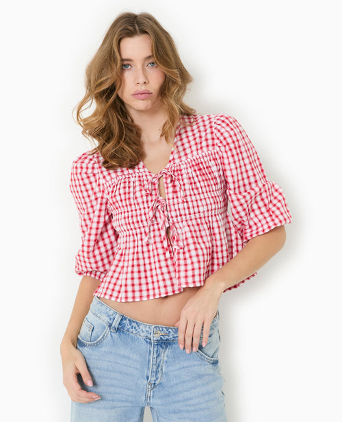 Blouse avec smocks et nouettes motif vichy - PIMKIE - 1