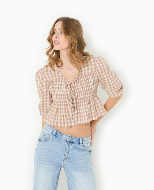 Blouse avec smocks et nouettes motif vichy - PIMKIE - 7