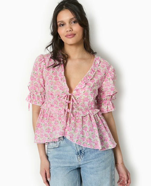 Blouse avec nouettes et volants motif fleurs - PIMKIE - 1