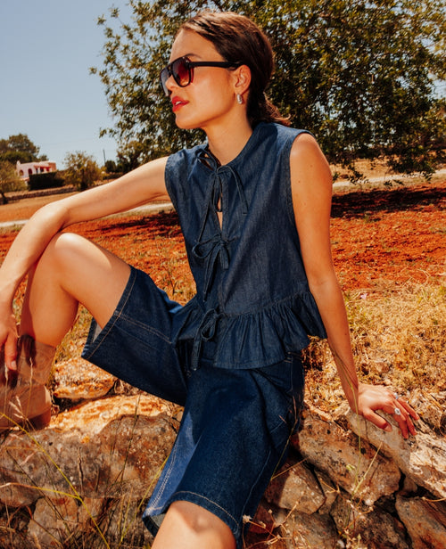 Blouse en jean sans manches avec volant et nouettes - PIMKIE - 1