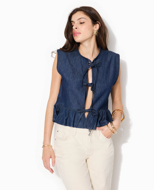 Blouse en jean sans manches avec volant et nouettes - PIMKIE - 5