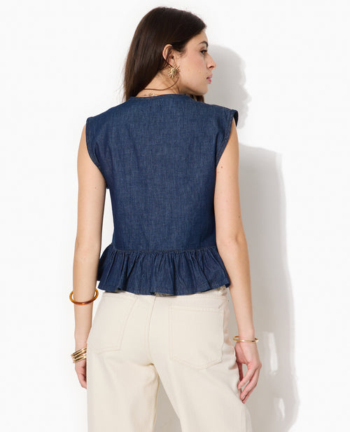 Blouse en jean sans manches avec volant et nouettes - PIMKIE - 6