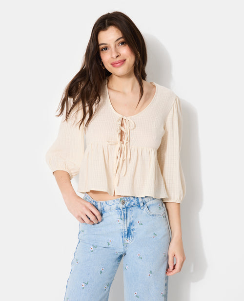 Blouse tissu gaufré avec nouettes et volant - PIMKIE - 1