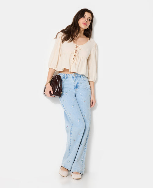 Blouse tissu gaufré avec nouettes et volant - PIMKIE - 3