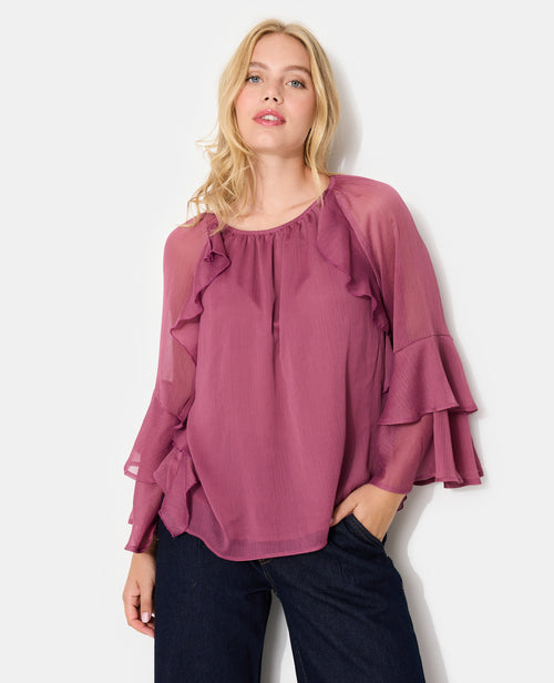 Blouse encolure Bardot en voile avec volants - PIMKIE - 1