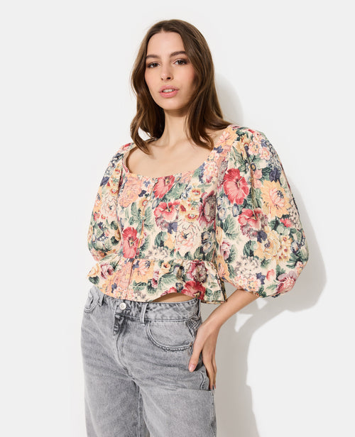 Blouse manches ballons en tissu texturé motif fleurs - PIMKIE - 1