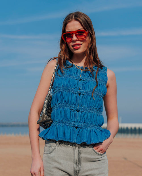 Top effet jean avec smocks et boutons brandebourg - PIMKIE - 1