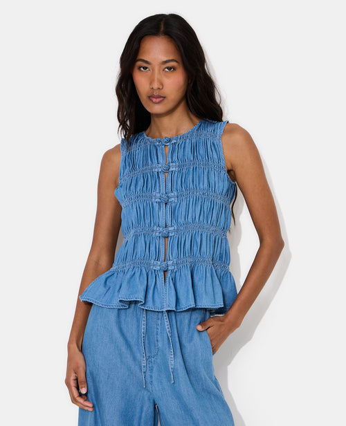 Top effet jean avec smocks et boutons brandebourg - PIMKIE - 5