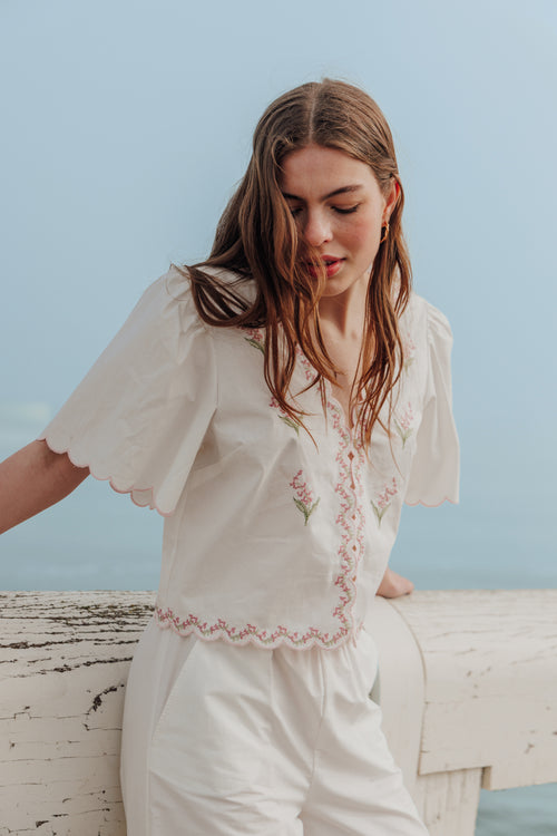 Blouse manches courtes avec fleurs points de croix - PIMKIE - 1