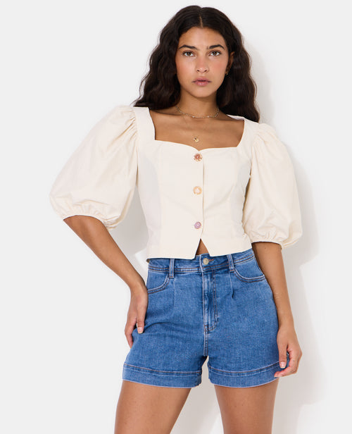 Blouse cintrée manches ballons boutons pierres - PIMKIE - 1