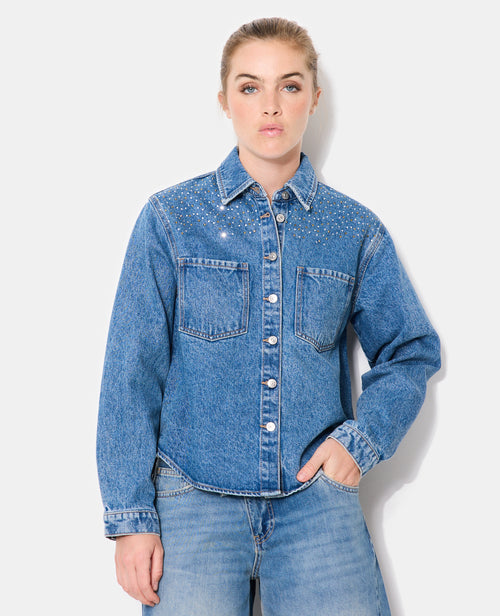 Chemise en jean avec strass dorés et blancs - PIMKIE - 1