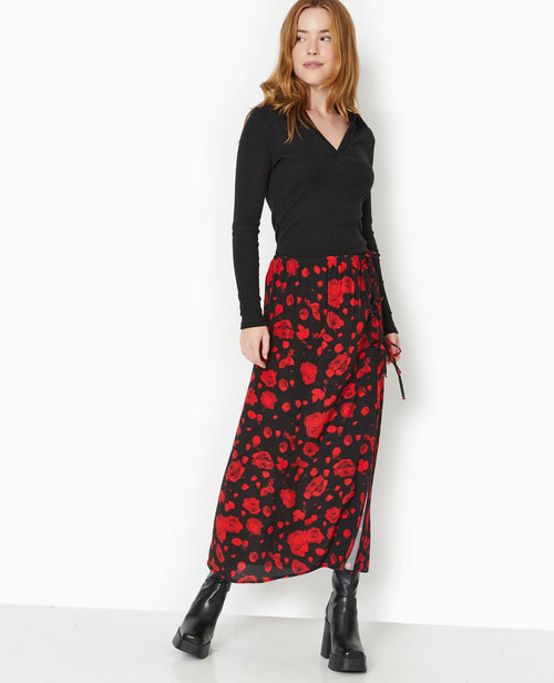 Jupe longue avec nouettes motif roses - PIMKIE - 1
