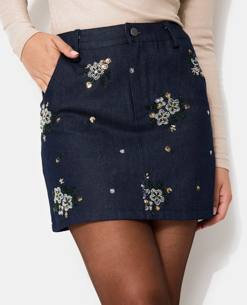 Jupe mini en jean avec fleurs en sequins - PIMKIE - 7