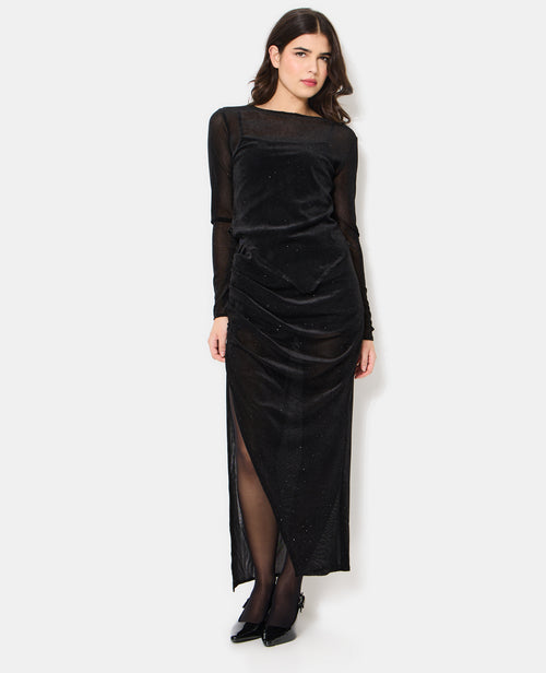 Jupe longue drapée en résille et velours avec strass - PIMKIE - 1