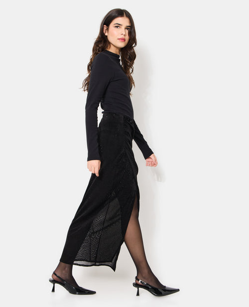 Jupe longue drapée en résille et velours avec strass - PIMKIE - 2