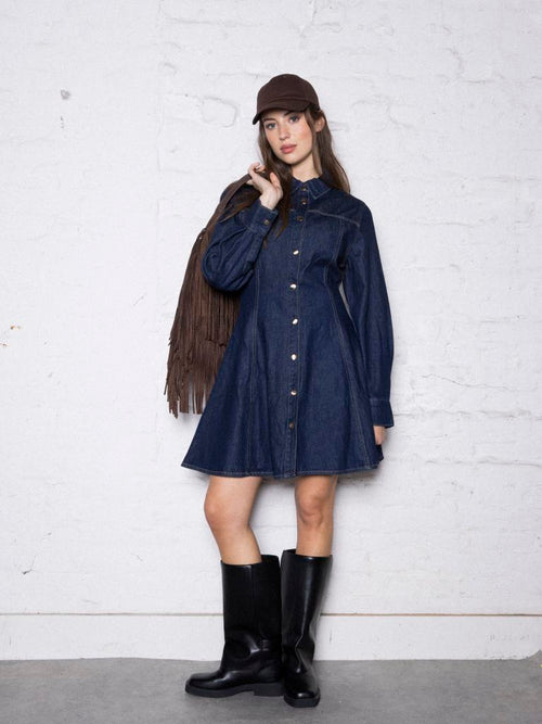 Robe en jean courte évasée et boutonnée - PIMKIE - 1