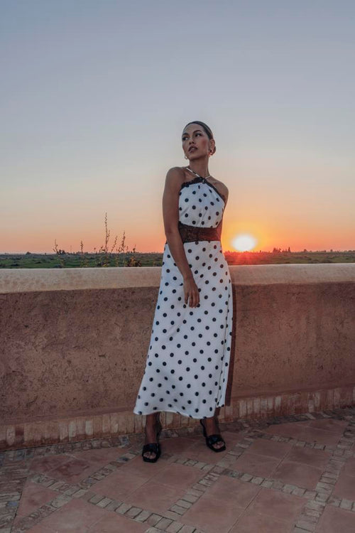 Robe longue à pois avec empiècements dentelle - PIMKIE - 1