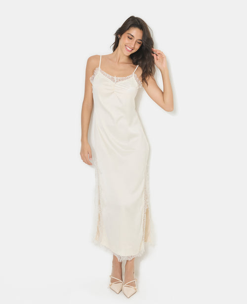 Robe longue en satin avec dentelle et fentes côtés - PIMKIE - 1