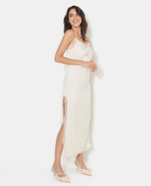 Robe longue en satin avec dentelle et fentes côtés - PIMKIE - 2