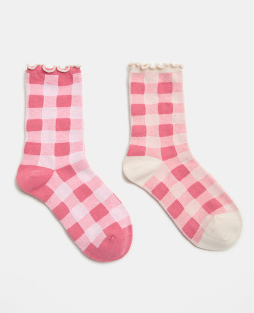 Lot de 2 paires de chaussettes à carreaux bords ondulés - PIMKIE - 1