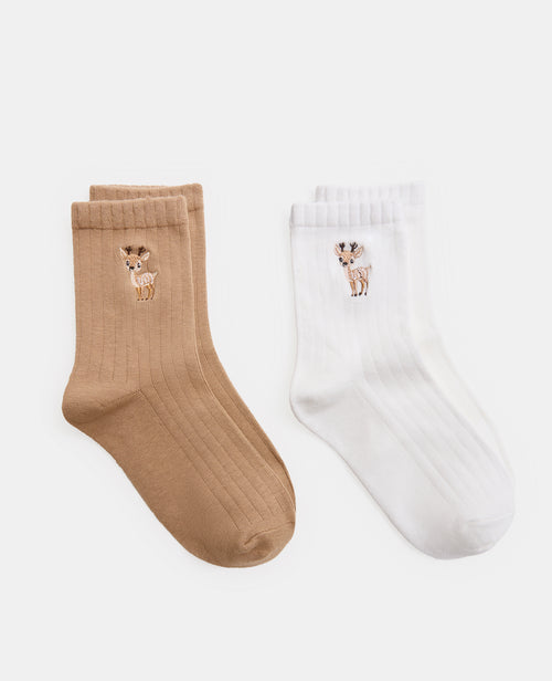 Lot de 2 paires de chaussettes avec faons brodés - PIMKIE - 1