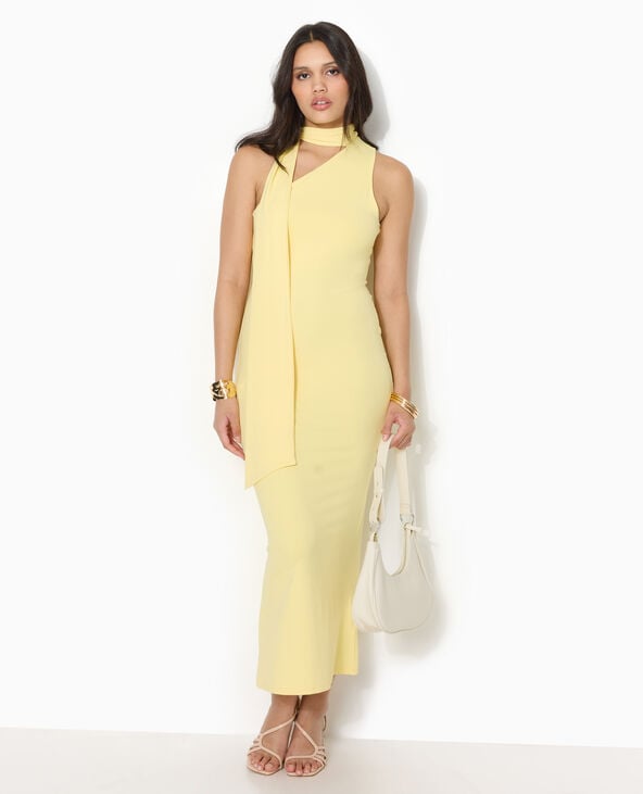 Robe longue et moulante asymétrique avec foulard Jaune pâle - Pimkie