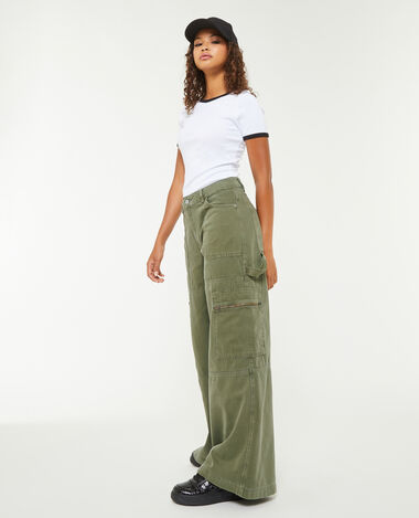Pantalon ample cargo uni vert kaki - Pimkie