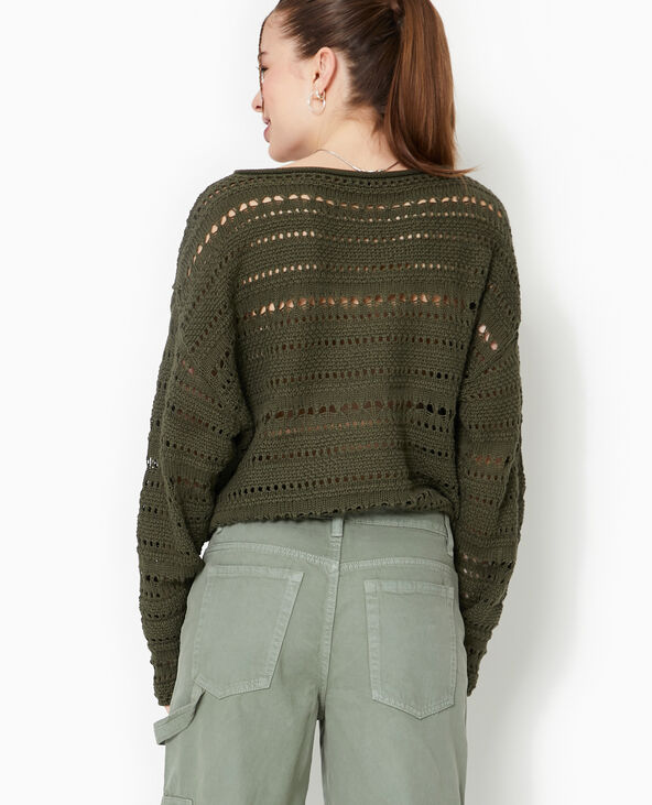 Pull en maille ajourée façon crochet vert kaki - Pimkie