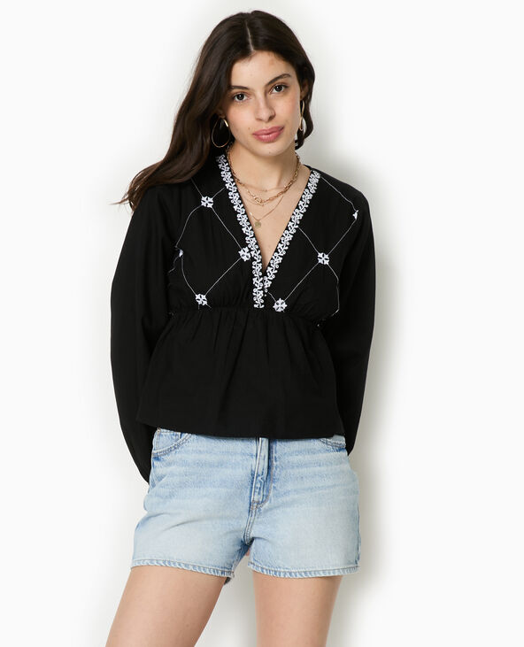 Blouse brodée manches longues noir - Pimkie