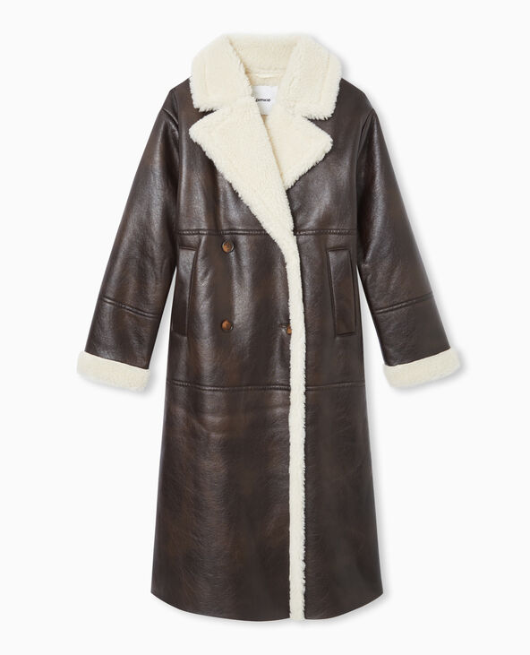 Manteau long en simili et fourrure marron - Pimkie