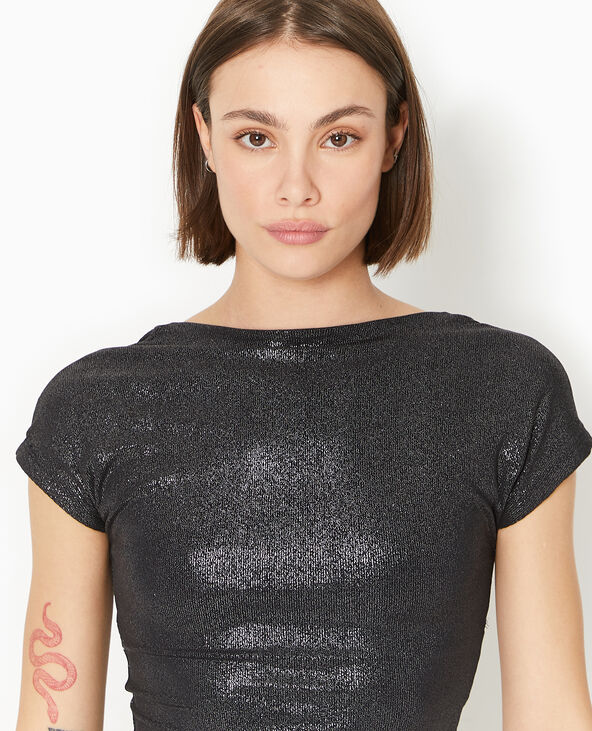Top court en maille brillante avec dos ouvert noir - Pimkie