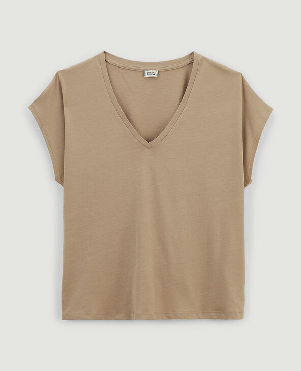 T-shirt col V manches courtes camel - Pimkie