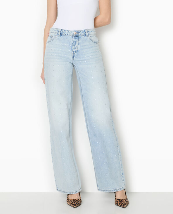Jean droit taille basse avec strass bleu clair - Pimkie