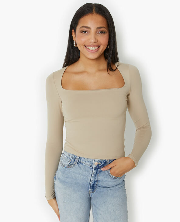 Top manches longues encolure carrée beige - Pimkie