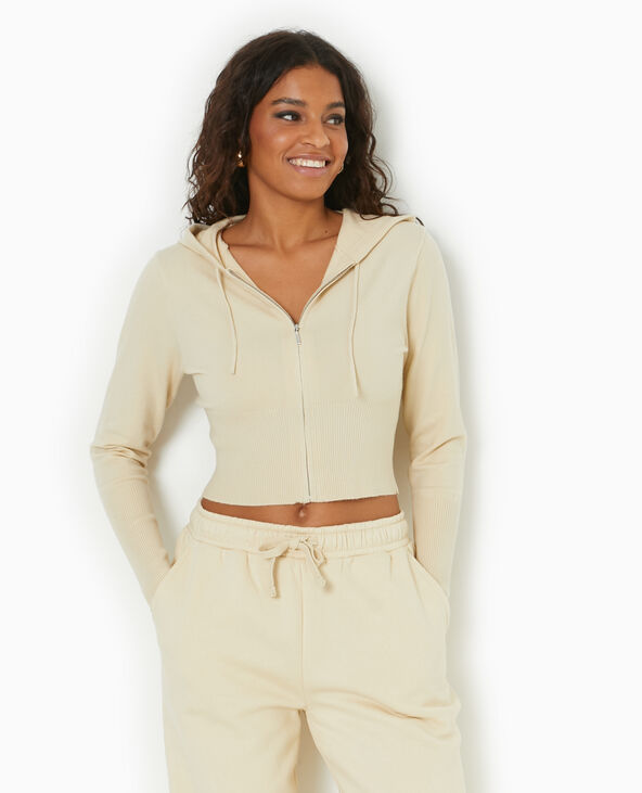 Gilet court zippé en maille fine avec capuche beige - Pimkie