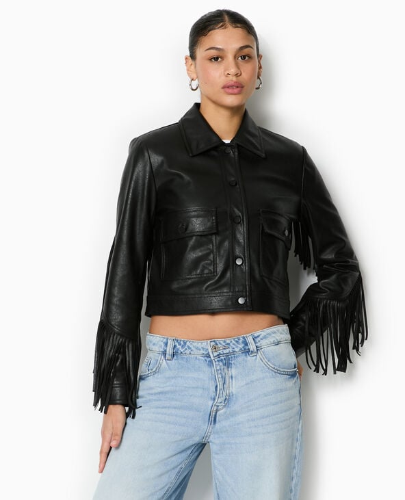Veste courte en simili avec franges noir - Pimkie