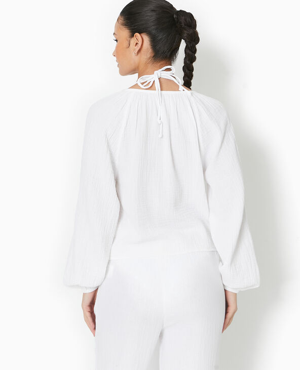 Blouse en gaze de coton avec lien à nouer blanc - Pimkie
