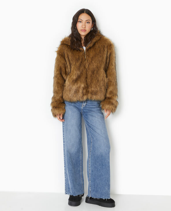 Blouson en fausse fourrure avec capuche taupe - Pimkie