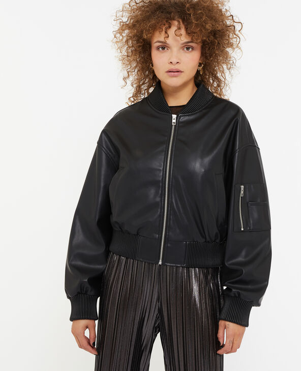 Blouson bomber en simili cuir noir - Pimkie