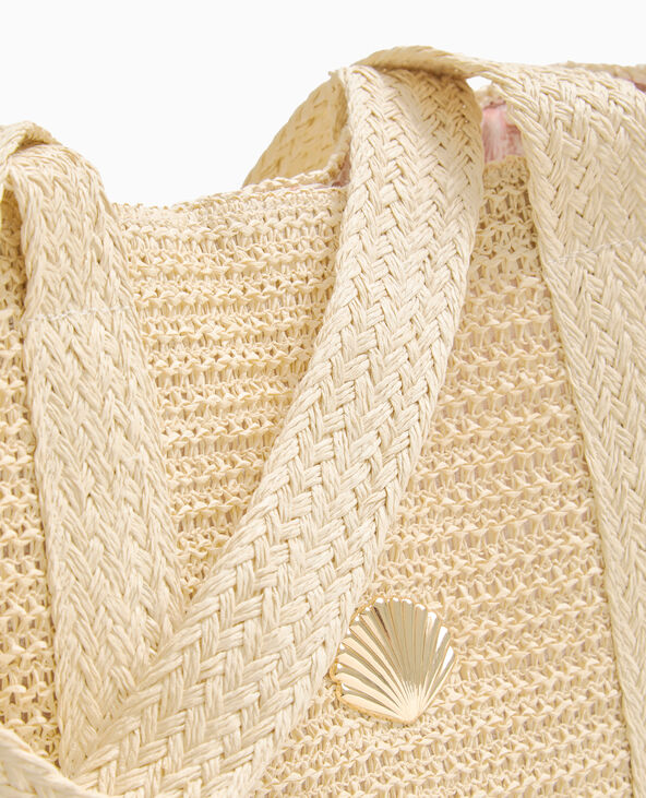 Grand sac cabas en raphia avec boucle coquillage beige - Pimkie