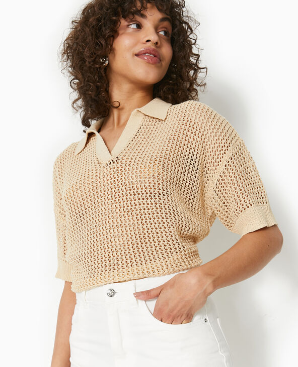 Pull polo manches courtes en maille ajourée beige - Pimkie