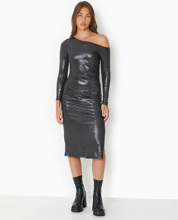 Robe longue one shoulder en maille pailletée noir - Pimkie